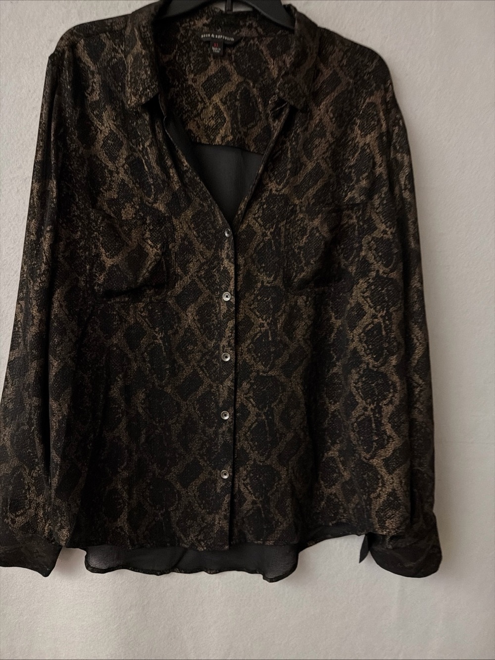 Rock & Republic Metallic Gold Snake Print Sheer Button Down Blouse Size XL